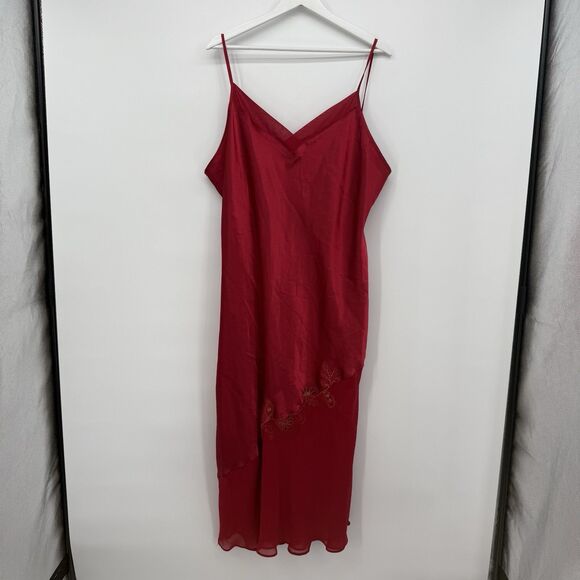 Massini Red Satin Long Nightgown Dress Sheer Embroidered Floral Size 2X Plus - Picture 1 of 10